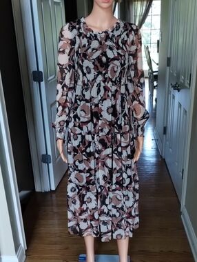 Kaos Floral Smocked Midi Dress in Brown Multi